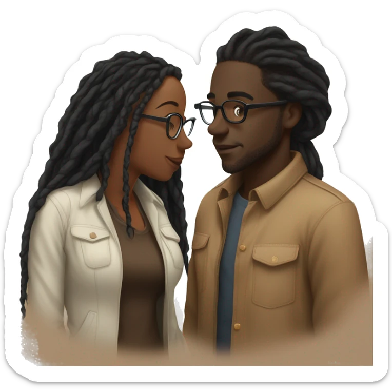 black couple with locs, male darkskin with long black locs, female brown skin with glasses and brown locs tied up kissing sticker