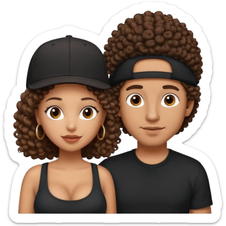 A picture of a loving tanned couple. the guy is Mexican, with a bald hair cut and he has a SnapBack hat on. The girl is mixed, the girl is wearing a black shirt, the girl has brown curly big hair and the girl has big boobs  sticker