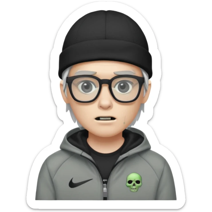 Hazme un zombie con gafas cuadradas y el marco negro y un gorro negro y un saco Nike tech gris sticker