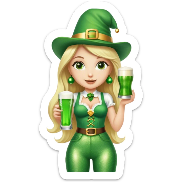 Blonde haired pretty woman in glittery green bell bottoms and tall leprechaun hat holding a green beer sticker