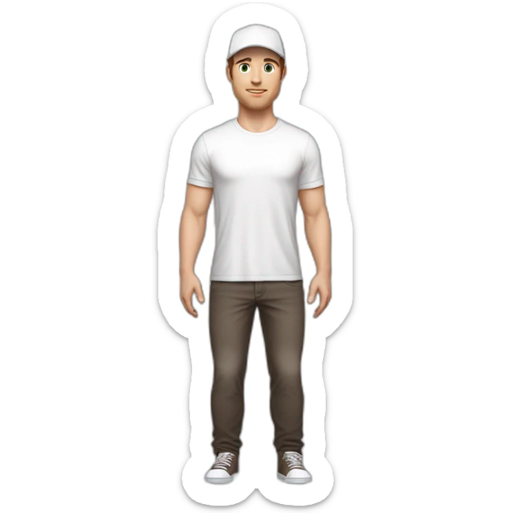 Pale skinned fit Man with dark brown hair in a light gray cap, dark brown jeans, brown polo and white T-shirt keeping a pasted with tape white box into his hands sticker