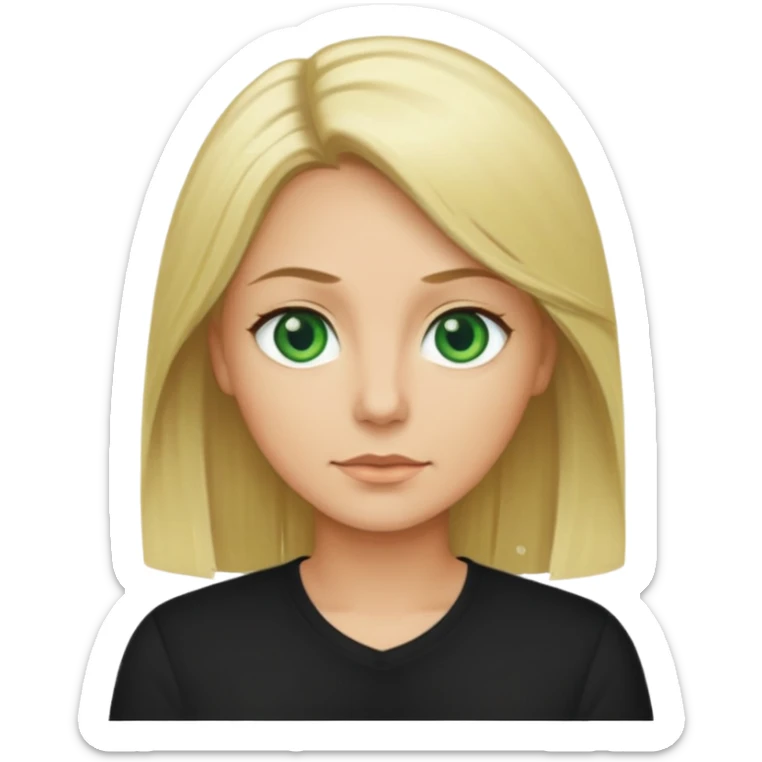 40 yr old blonde straight hair green eyes black shirt sticker