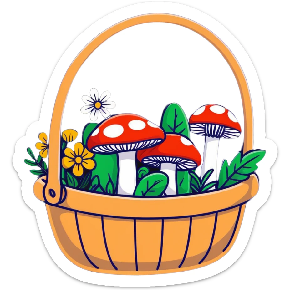 basket full of forest goodies including mushrooms, herbs, flowers in soft pastel colors, cartoonish sticker style sticker
