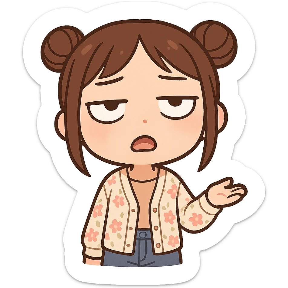 chibi sticker of a girl with brown straight hair in double buns, brown eyes, wearing a pastel floral cardigan and jeans, white outline, rolling her eyes as if saying 'oh my god', transparent background, 512x512px sticker