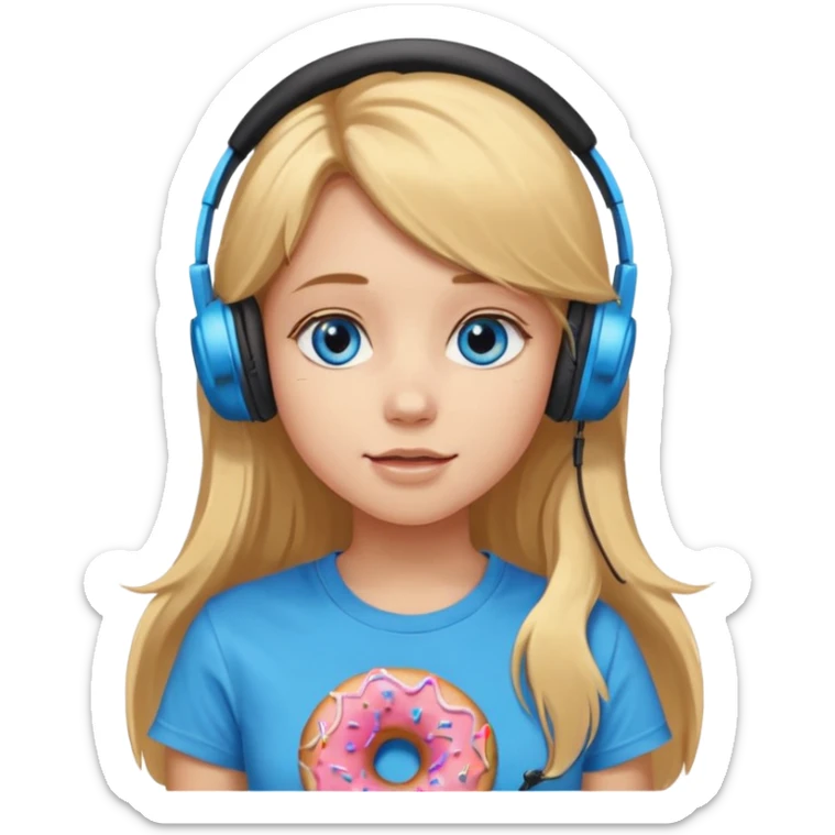 una ragazza dall‘ età di 19 anni con capelli biondi miele lunghi ,  occhi celesti,  con addosso una maglietta con una ciambella e le cuffie ascoltando violetta sticker