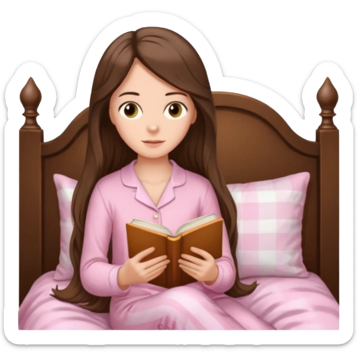  white long brunette hair girl with hazel eyes in light pink pajamas reading Pride and Prejudice sticker