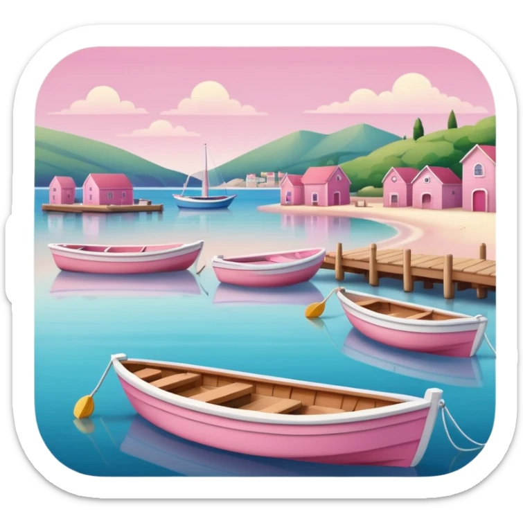 soft and aesthetic coastal harbor with small boats, wooden docks, gentle waves, beach, all in pink tones, no industrial elements, soft shadows, rounded edges, in Apple iOS emoji style sticker