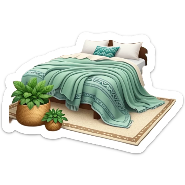 cozy modern boho bedroom with many houseplants, layered rugs, and piles of textured blankets and pillows sticker