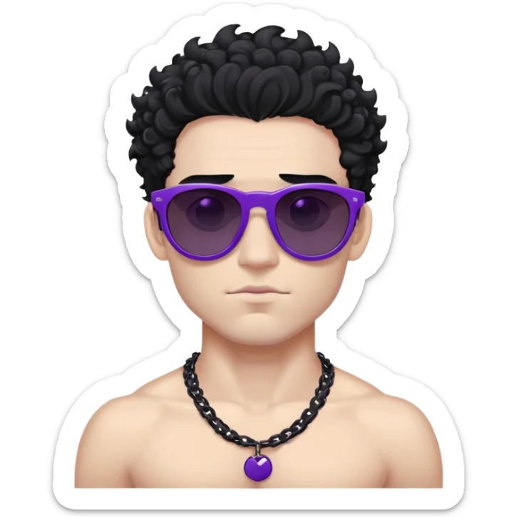 shirtless male athlete with white skin and moderately curly black hair on top with shaved sides, wearing purple sunglasses with very dark heavily tinted black lenses that completely hide the eyes, and a plain black chain necklace sticker
