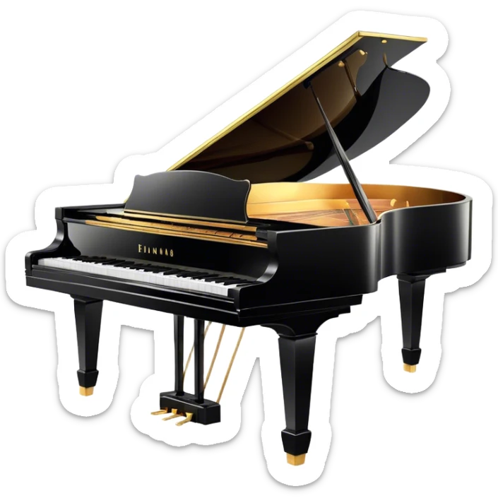 Cinematic Realistic Piano, glossy black grand piano with elegantly curved edges, pristine white and black keys, soft golden light reflecting off its polished surface, faint reflections of a musician’s hands, glowing with refined elegance and musical depth. sticker