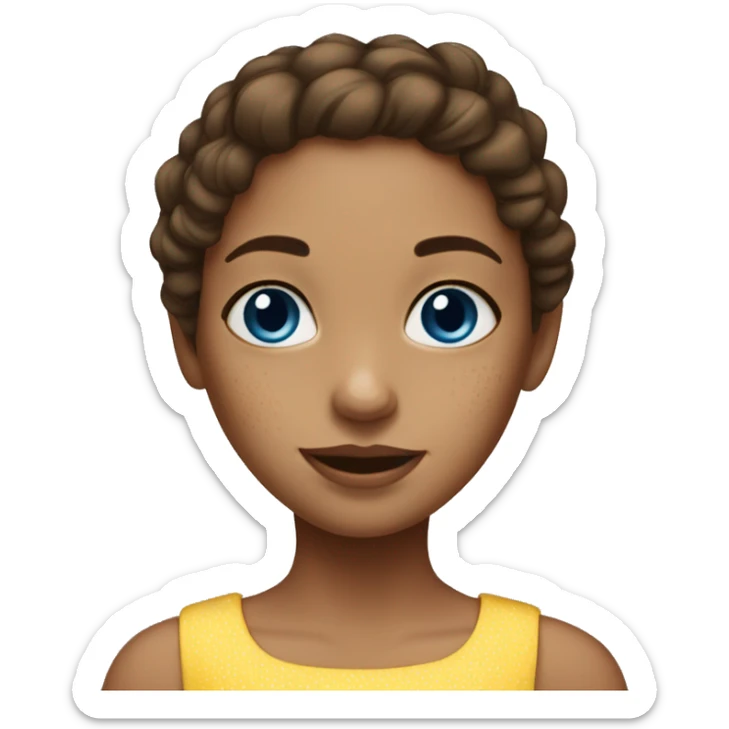 girl with brown hair, 1 white vitiligo strand of hair, blue eyes, freckles and yellow dress sticker
