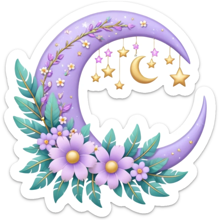 Beautiful poetic aesthetic sparkly glittery shiny pretty floating pastel lilac lavender Violet crescent-moon and flowers and leaves and feathers and sparkles and stars aesthetic deco sticker