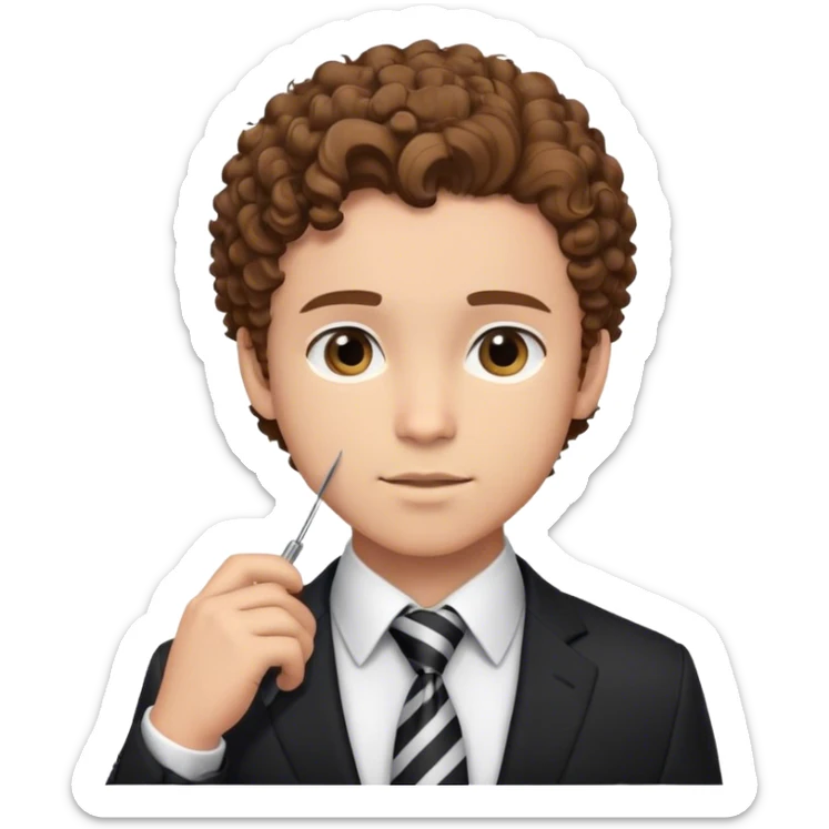 The person in the photo is a young man with curly brown hair, wearing a black suit, white dress shirt, and a striped tie. He is adjusting his tie while looking directly at the camera with a confident expression. sticker