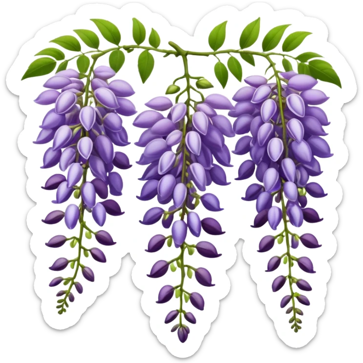 Wisteria raceme with mixed blooming stages - some flowers fully open in purple, others still in bud stage, hanging gracefully with green leaves sticker
