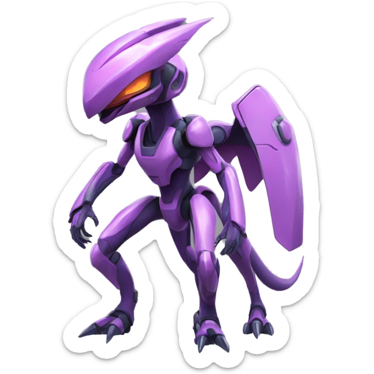 a shiny Genesect-Raptor-Fakémon—hybrid with a futuristic visor-helmet full body sticker