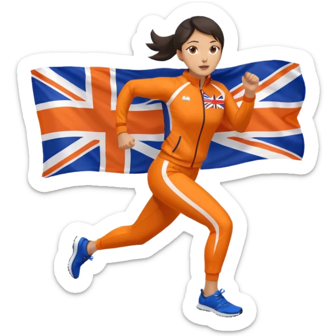 asian woman in orange sport suit and uk flag on the back holding it, running sticker