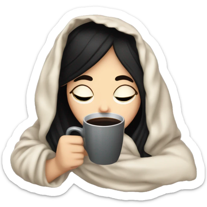 white girl with black hair inside a blanket sipping coffee eyes closed sticker