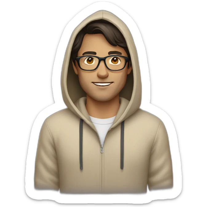 Man with dark brown hair and glasses wearing a beige hoodie sticker