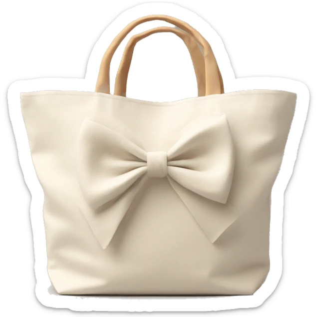 a white sand color tote bag made with soft cotton with a bow on the top of the handle. sticker