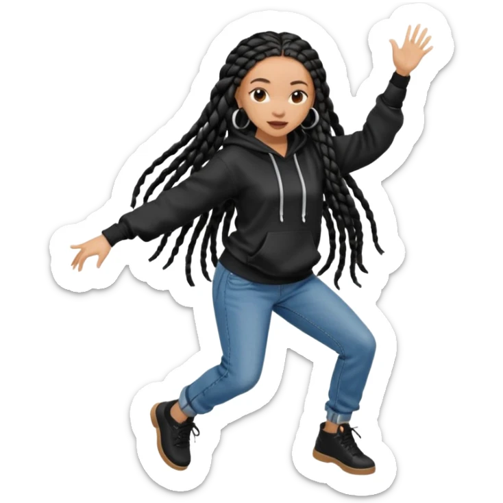 African American light skin girl with long black box braids wearing a plain black hoodie wearing denim jeans and shoes dancing in music video sticker