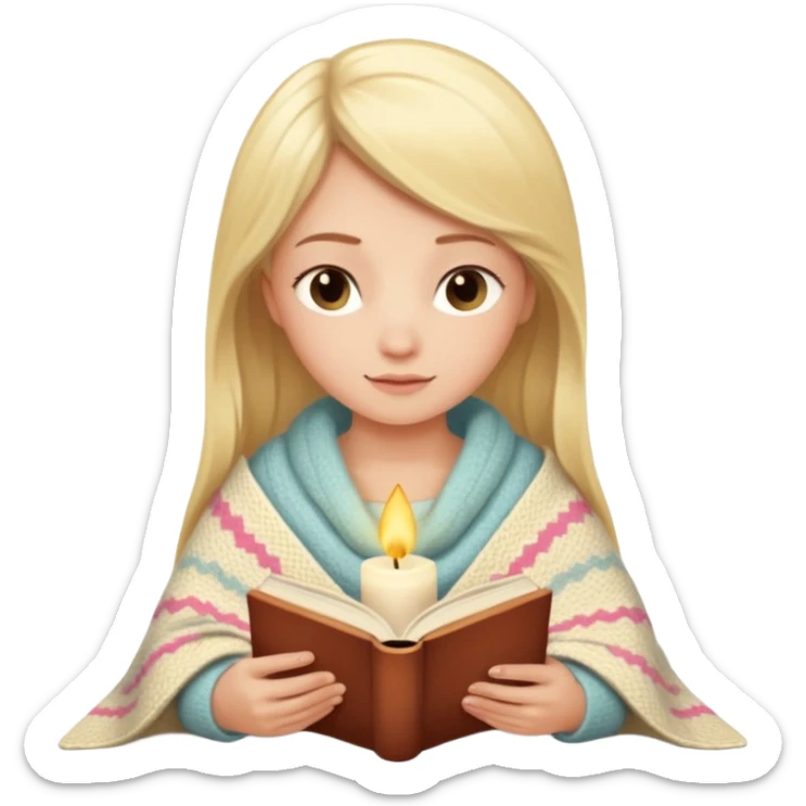 Cozy blonde girl reading book with blanket and candle sticker