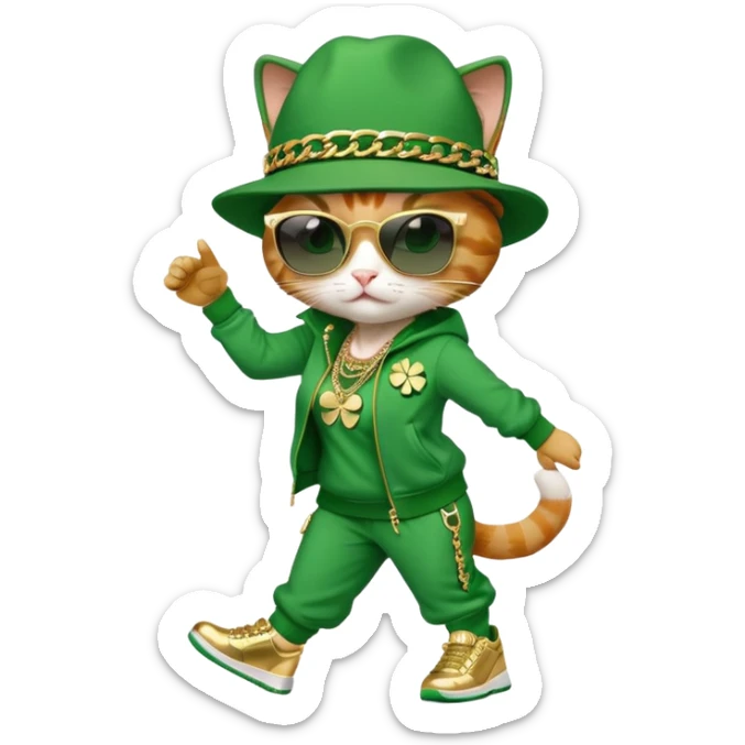 female cat wearing hip-hop Run DMC outfit with green tracksuit, fedora with shamrock, dark sunglasses, gold chains, bling accessories, St. Patrick's Day theme, break dancing sticker