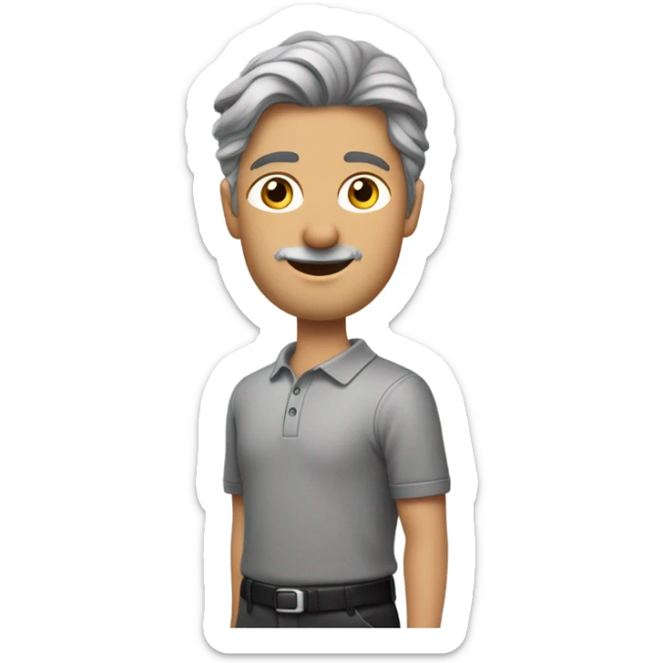 een man met grijs haar en grijze stoppeltjes, met een lange grijze broek, zwarte laarzen en een lange mouwen polo in de kleur zwart sticker