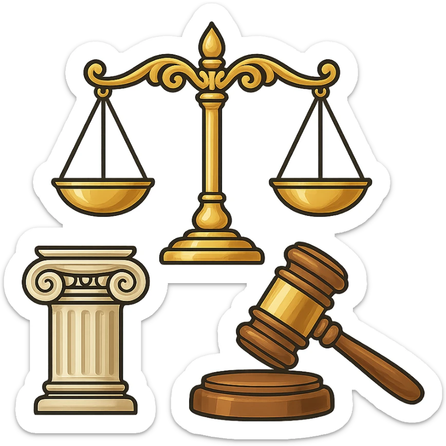 Vector illustration of a classic symbol of law (e.g. scales of justice, gavel, courthouse column), designed with elegant and refined lines. Include intricate golden detailing, soft gradients for a polished metallic look, and realistic shadows and highlights for depth. Style should be clean and professional, with a modern yet timeless feel. Transparent background sticker