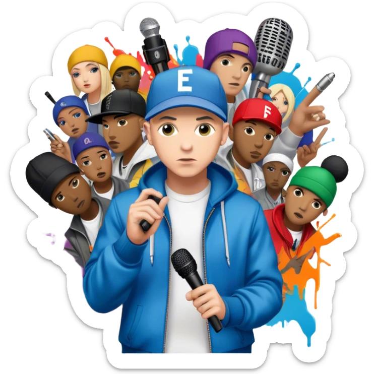 Icon for Hip-Hop Music: Eminem with his signature microphone, surrounded by other hip-hop icons. The design should reflect the raw energy of the genre with urban elements, graffiti, and vibrant colors. Transparent background. sticker