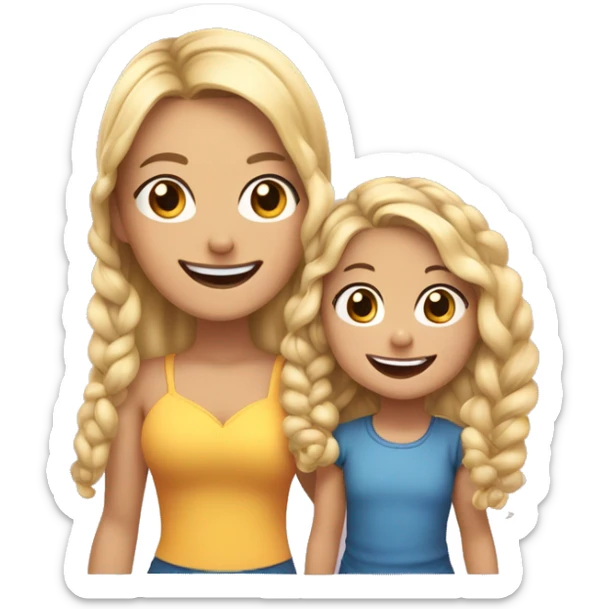 An emoji of a blonde mother with very long hair and a cheerful expression, standing next to her 3-year-old daughter, a small girl with black hair styled in two braids, both smiling happily together sticker