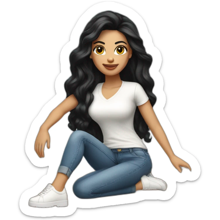 Brazilian Woman with small lips black eyes long black hair dressing jeans with white Tshirt in creamy high heels sticker