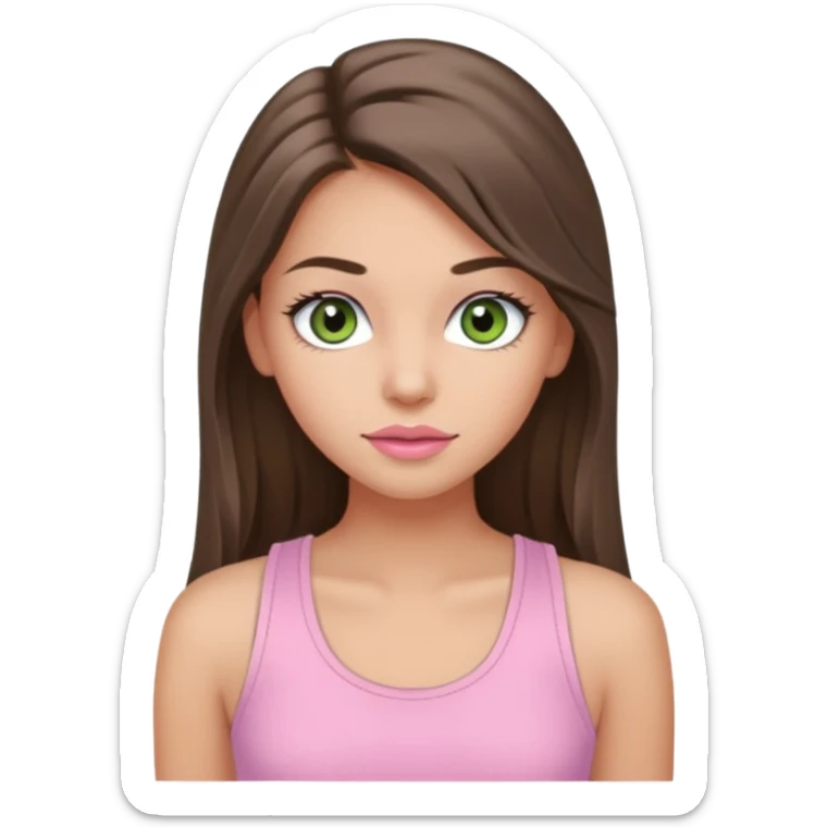 Create a teen girl wearing a light pink tank top. She will have long brunette hair, tan skin, pink lips, and grey-green eyes. She has long eyelashes. sticker