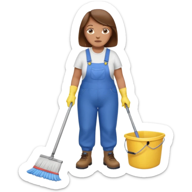 old and fat women, brown hair, Custodian with yellow rubber gloves, white T-shirt, blue overalls, mopping floor sticker