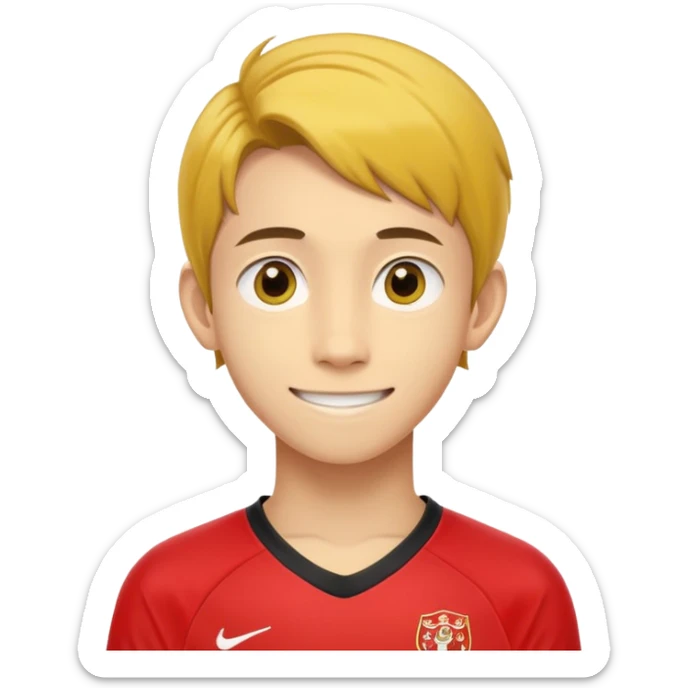 - Nam
- 15 tuổi
- Da vàng
- Tóc nâu ngang vai, vén mang tai
- Mặt bình thường, Cười mỉm, Mắt to, mũi to
- Áo bóng đá màu đỏ
 sticker