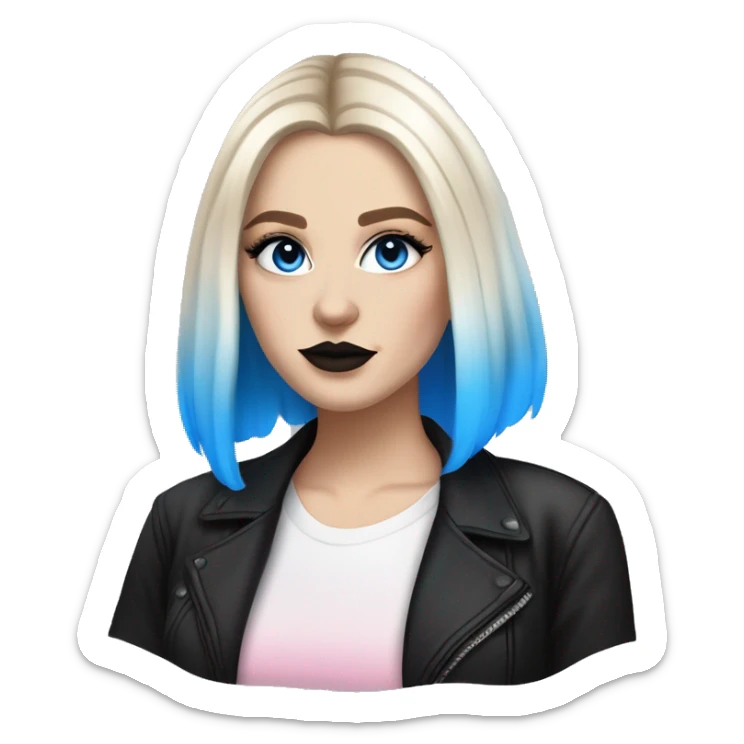 Slavic adult woman, goth eyes makeup, pink lips, blue eyes, medium bob black-to-blonde ombre wavy hair, white T-shirt and black office jacket. sticker