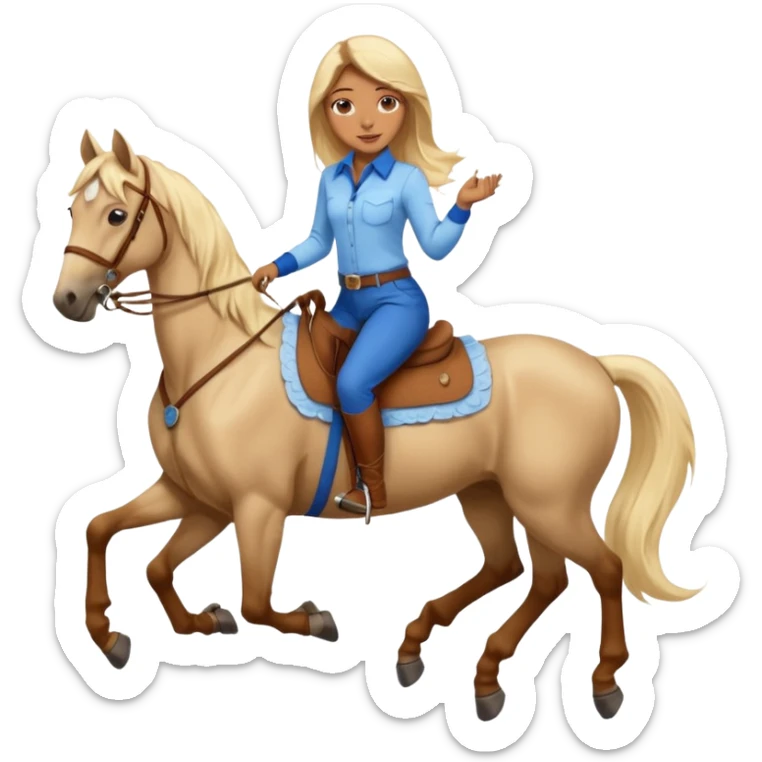 Brown girl with very long blonde hair wearing a cream colored; collared long sleeve shirt and blue riding pants with brown boots on top of a brown horse with 4 legs sticker