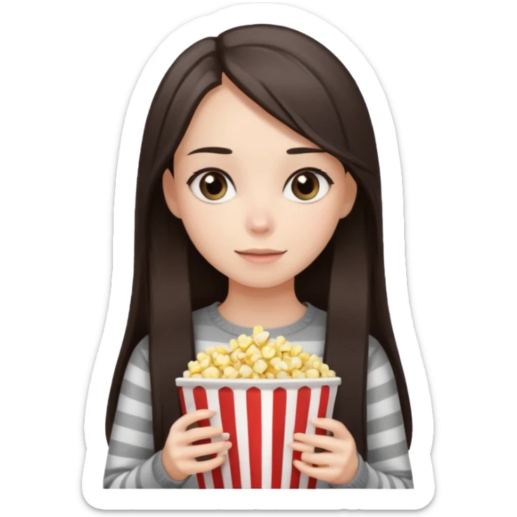 girl with dark brown straight long hair, striped light sweater, gray gray eyes, holding popcorn in her hands sticker