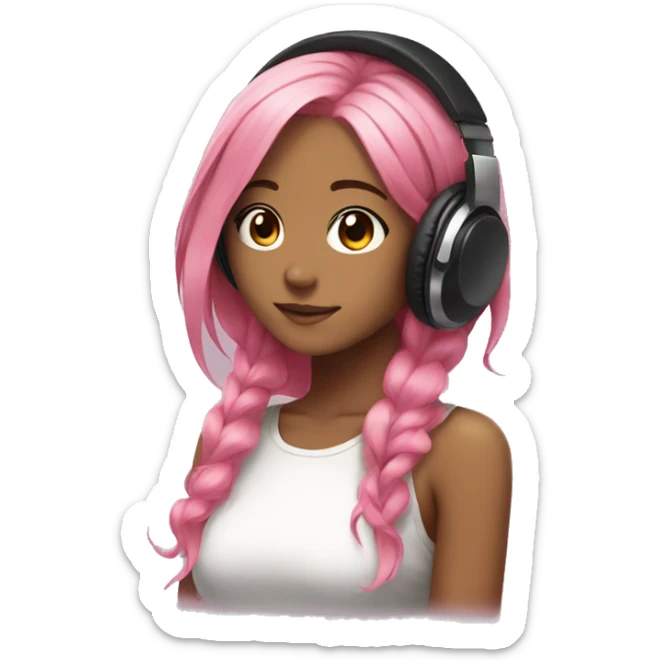 anime girl with pink hair got black headphones on her head sticker