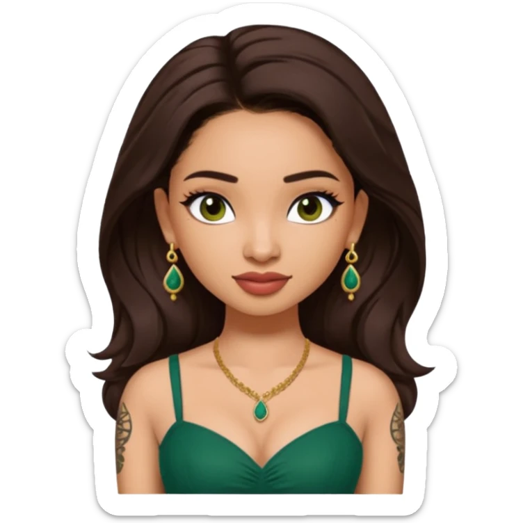 pretty bratz genmoji that looks like tamannah bhatia (bollywood actress), wearing a dark green sweetheart neckline top, dark brown hair, light makeup, no necklace, dangly earrings, side hair part, dark brown eyes, with tattoos sticker