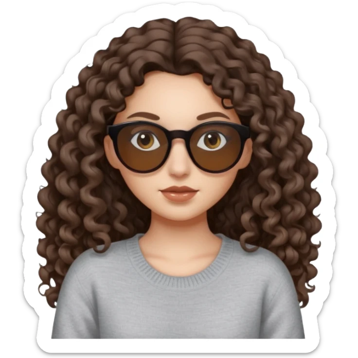 aesthetic white girl with dark brown, long curly hair and black eyes  , light grey sweater top and round brown sun glasses sticker