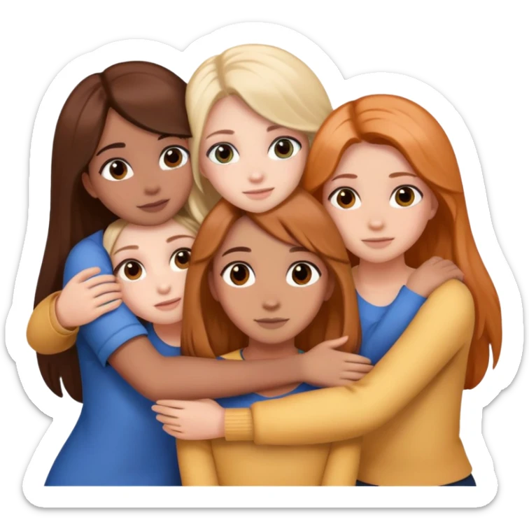 six girls, group hug, matching the described hair, eye, and skin colors sticker