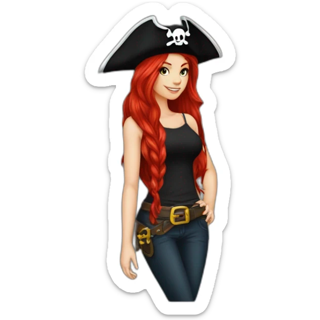 Woman long red hair on one side, tattoo on side of head.  pirate hat. skull and crossbones t shirt sticker