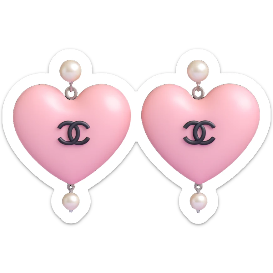 glossy black and white 3D emoji-style heart-shaped earrings with string of pearls and silver Chanel logo, elegant sticker