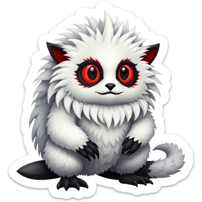a white exotic edgy vernid-fionbr-Fakémon-creature, with black belly and red eyes, full body sticker