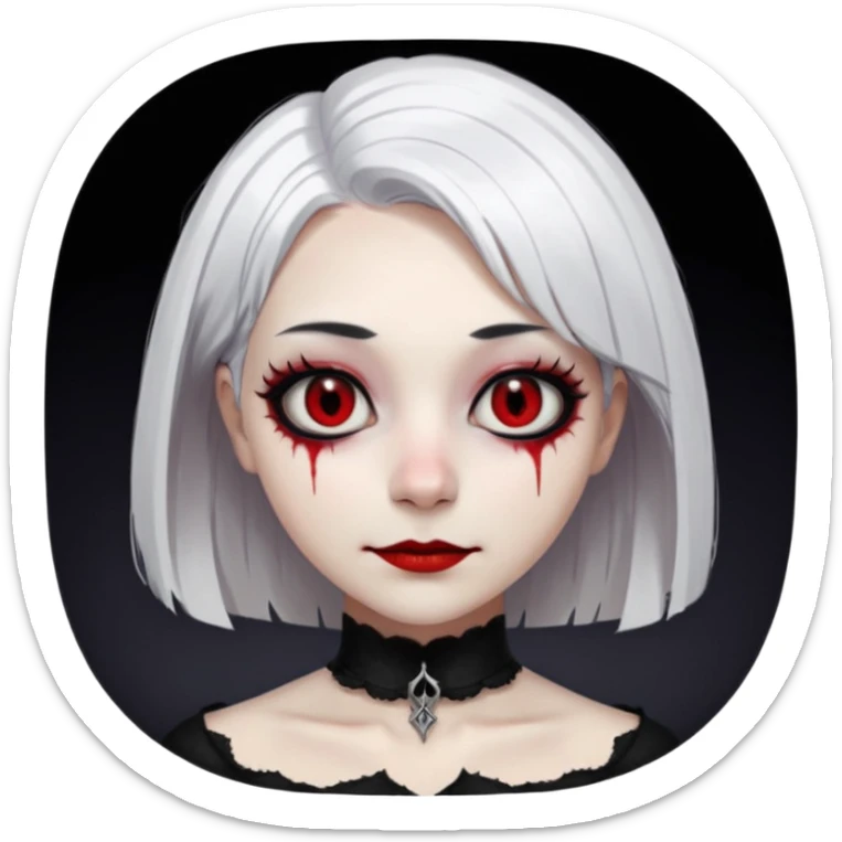 female, unnatural eye color with veiny eyes, sickly skin texture combined with an unnatural creepy smile, liminal setting that feels wrong, uncanny eerie art style, scary femme fatale, bob cut, mole under eye, white hair, red iris, black mascara, black eyeshadow, Gothic white skin, sticker