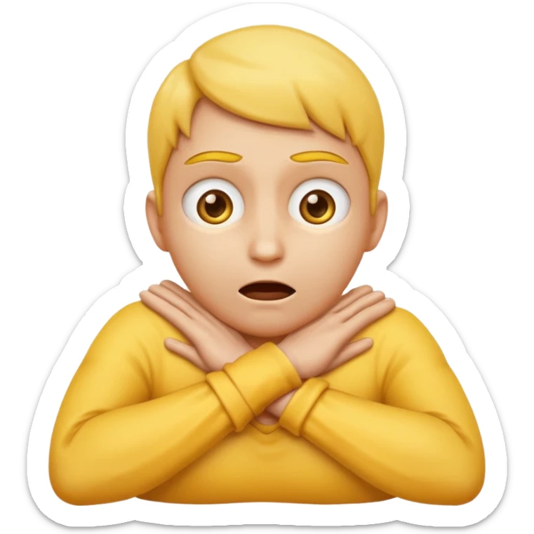 Yellow face emoji strangling itself with 2 arms crossed and hands saround neck and eyes looking up slightl sticker