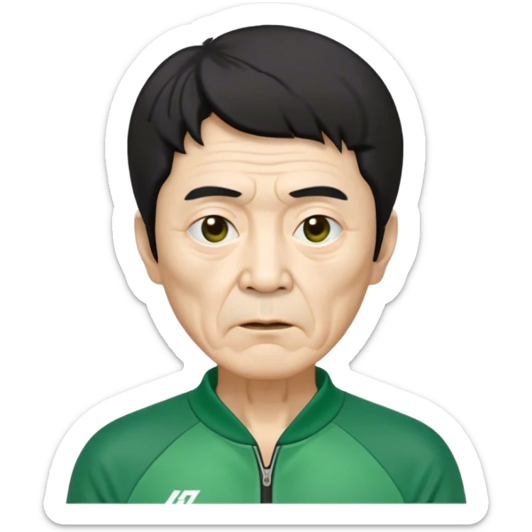 Seong Gi-hun : age 70, skinny and bony face, very small mouth, thick eyebrows deep eyes, unkempt black hair , Green player tracksuit. sticker