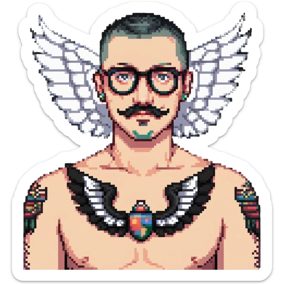 pumped up white male, glasses, buzz cut black hair, handlebar mustache black, two wings tattooed on his chest sticker