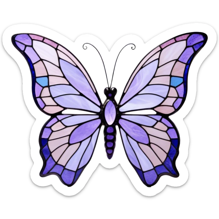 a stunningly detailed butterfly with lilac and ice-purple wings, adorned with an elegant mosaic-like pattern resembling stained glass. The wings should display a harmonious blend of swirling and geometric designs, giving them a mystical and artistic feel. The butterfly should have a graceful, elongated body with a subtle metallic sheen, enhancing its enchanting presence. sticker