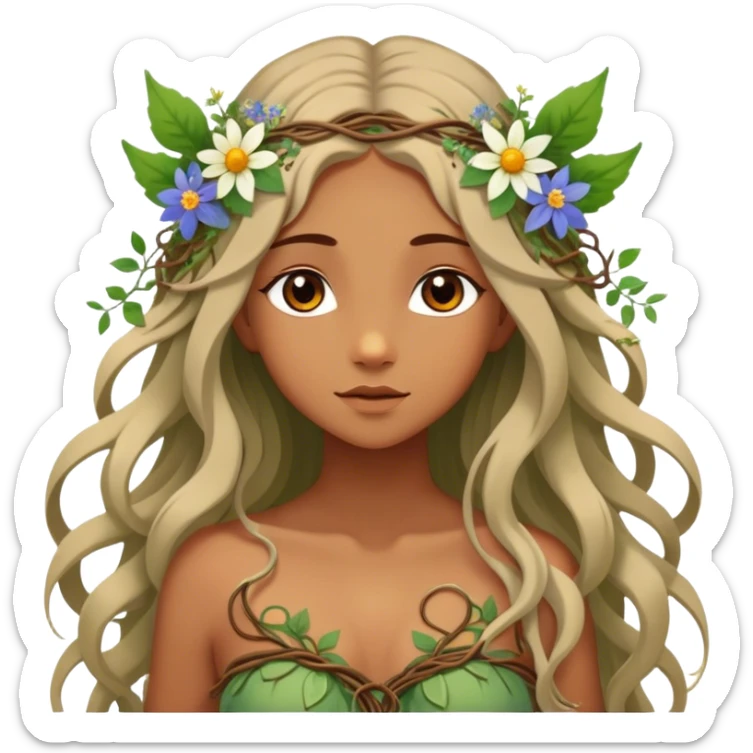 Cinematic Realistic Forest Nymph Fairy Portrait, depicted with lifelike, sun-kissed tanned skin that radiates an earthy glow, softly illuminated by natural, dappled light. Her long, flowing hair is intricately detailed and interwoven with delicate vines and wildflowers, while her deep, soulful eyes mirror the wisdom of the forest. Dressed in an attire inspired by nature’s palette—with subtle botanical motifs—the portrait exudes a soft, enchanted glow that melds realism with woodland magic. sticker